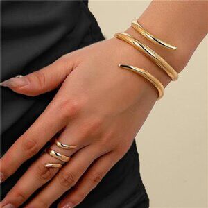 Elegant Chunky Gold Bracelet and Ring Jewelry Women Minimalist Statement Cuff